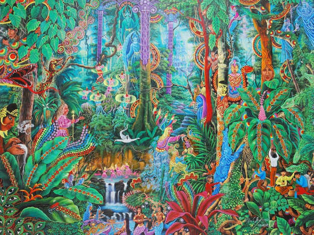 Pintura amazónica que ilustra los efectos de conexión espiritual, sanación y encuentro con la naturaleza en un ritual chamánico de Ayahuasca.