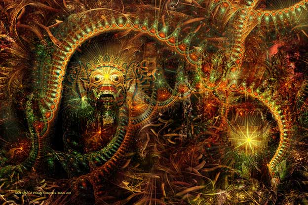 Representación artística y geométrica de las visiones caleidoscópicas y el estado de meditación profunda que produce la Ayahuasca.