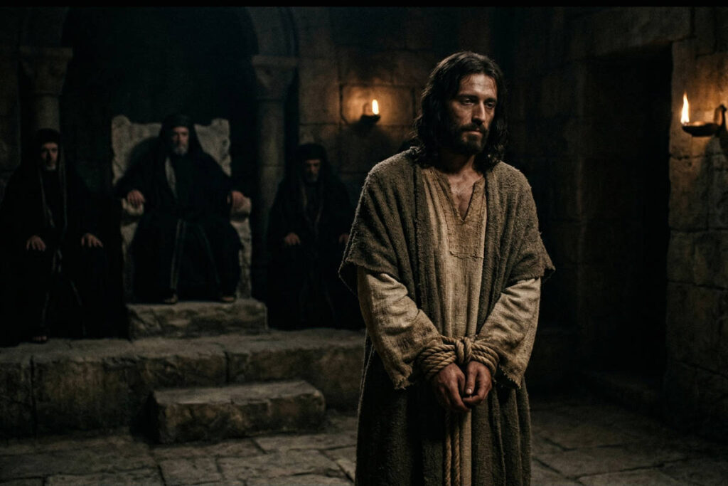 Primer plano de las manos atadas de Jesús durante el interrogatorio nocturno, símbolo de las irregularidades legales en su juicio.