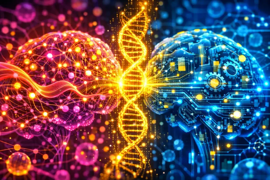 Ilustración conceptual que muestra a la izquierda un cerebro con redes neuronales orgánicas en tonos cálidos (representación femenina) y a la derecha un cerebro con circuitos mecánicos en tonos fríos (representación masculina), ambos conectados por una brillante doble hélice de ADN central, simbolizando la base biológica de sus diferencias.
