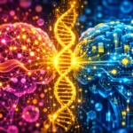 Ilustración conceptual que muestra a la izquierda un cerebro con redes neuronales orgánicas en tonos cálidos (representación femenina) y a la derecha un cerebro con circuitos mecánicos en tonos fríos (representación masculina), ambos conectados por una brillante doble hélice de ADN central, simbolizando la base biológica de sus diferencias.