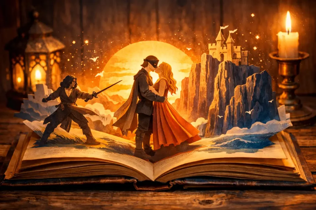 Fotografía de un libro antiguo abierto sobre una mesa de madera, iluminado por un farol cálido. De sus páginas emergen siluetas de papel estilo pop-up de la película 'La Princesa Prometida', mostrando el beso de Westley y Buttercup al atardecer y a Íñigo Montoya en guardia en los Acantilados de la Locura."