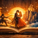Fotografía de un libro antiguo abierto sobre una mesa de madera, iluminado por un farol cálido. De sus páginas emergen siluetas de papel estilo pop-up de la película 'La Princesa Prometida', mostrando el beso de Westley y Buttercup al atardecer y a Íñigo Montoya en guardia en los Acantilados de la Locura."