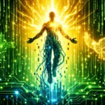 Ilustración simbólica de Matrix y la Biblia con una figura humana ascendiendo entre código digital verde y luz dorada, representando a Neo como el Mesías y la liberación espiritual