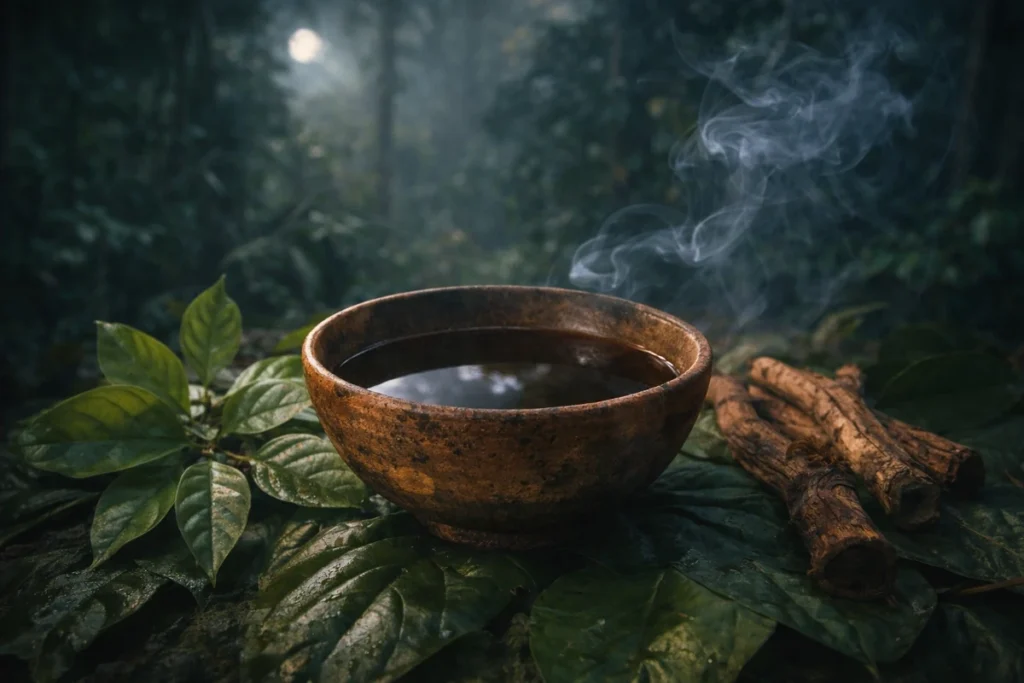 Cuenco tradicional con infusión de Ayahuasca rodeado de liana y hojas de chacruna en la selva amazónica.