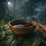 Cuenco tradicional con infusión de Ayahuasca rodeado de liana y hojas de chacruna en la selva amazónica.