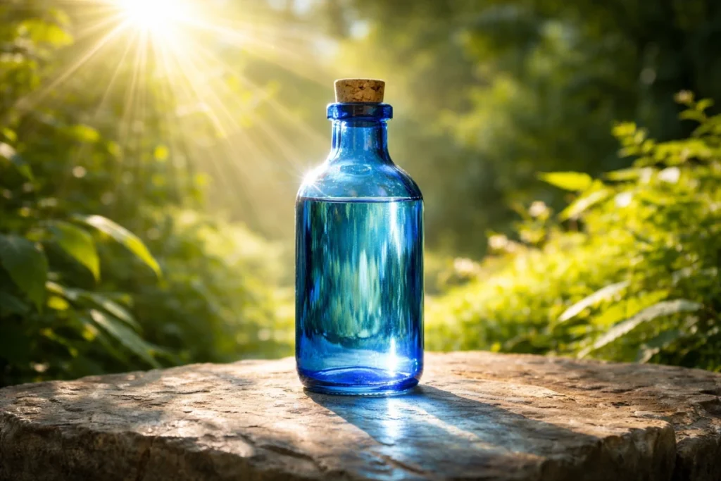 Botella de cristal azul cobalto con tapón de corcho recibiendo la luz del sol para preparar agua solarizada de Ho'oponopono.
