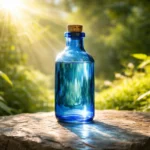 Botella de cristal azul cobalto con tapón de corcho recibiendo la luz del sol para preparar agua solarizada de Ho'oponopono.