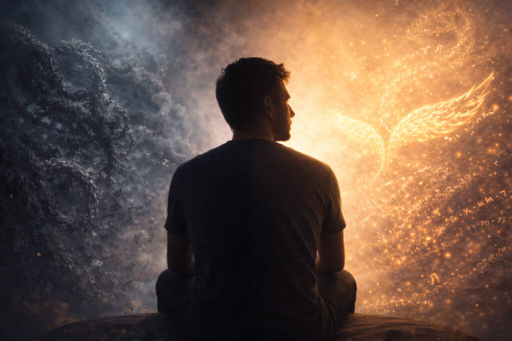 Representación visual del contraste entre la narrativa interna negativa, que genera estrés, y el lenguaje positivo, que crea claridad y calma mental.