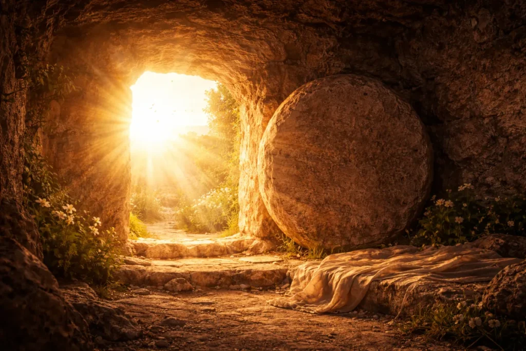 Tumba de piedra abierta con una luz intensa y brillante brotando de su interior al amanecer del Domingo de Resurrección.