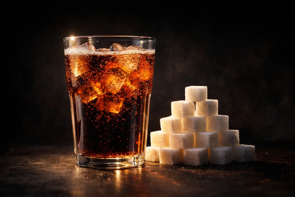 Vaso de refresco de cola con hielo junto a una pila de terrones de azúcar, ilustrando la cantidad de glucosa que contiene una lata.