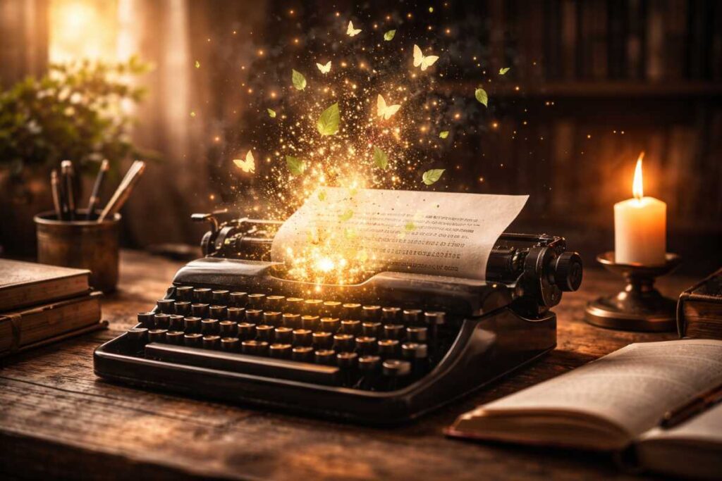 Partículas de luz dorada surgiendo de las páginas de un cuaderno, simbolizando cómo las palabras y el lenguaje transforman nuestra realidad.