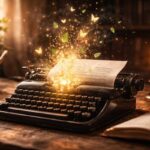 Partículas de luz dorada surgiendo de las páginas de un cuaderno, simbolizando cómo las palabras y el lenguaje transforman nuestra realidad.