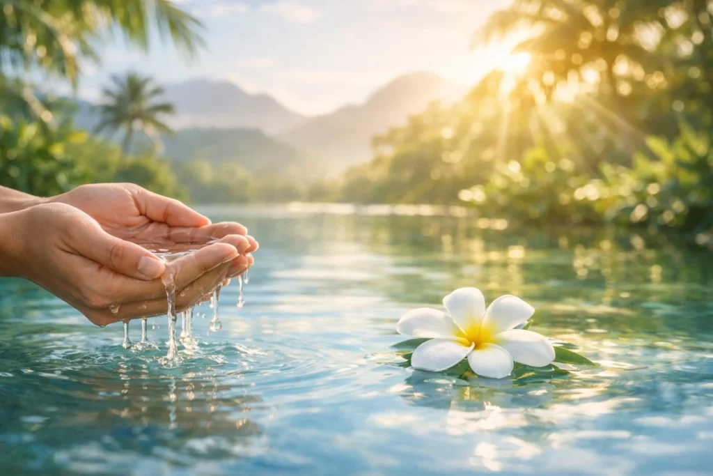 Manos sosteniendo agua cristalina con una flor blanca, representando la pureza y sanación de la técnica ancestral hawaiana Ho'oponopono.