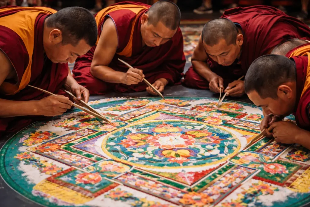 Monjes tibetanos creando meticulosamente un mandala de arena de colores en un templo, simbolizando el proceso espiritual.