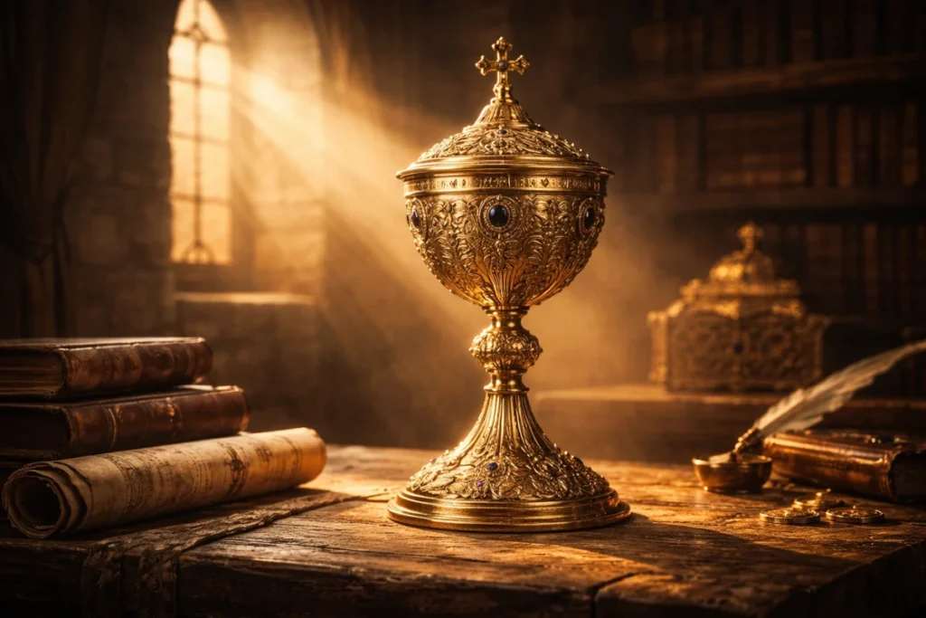 Gran cáliz de oro iluminado sobre una mesa de madera, representando el histórico Copón de Bullas que da origen a la expresión popular española.