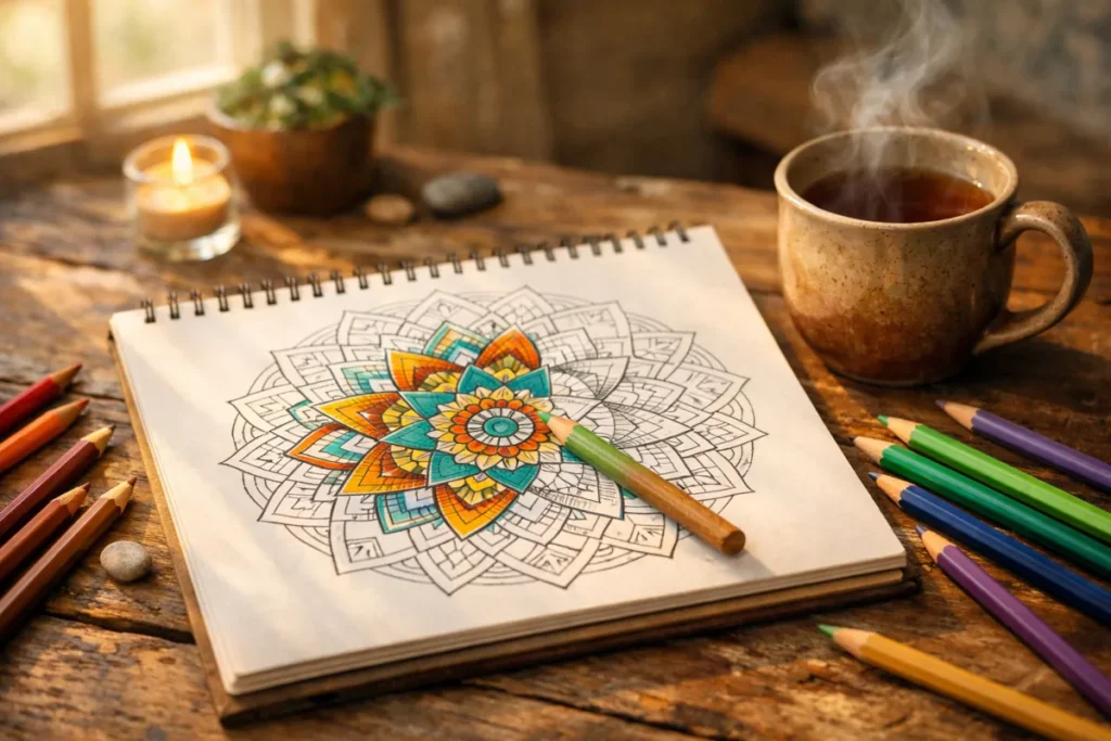 Cuaderno con un hermoso mandala a medio colorear junto a lápices de colores y una taza de té, representando la paz mental.