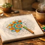 Cuaderno con un hermoso mandala a medio colorear junto a lápices de colores y una taza de té, representando la paz mental.