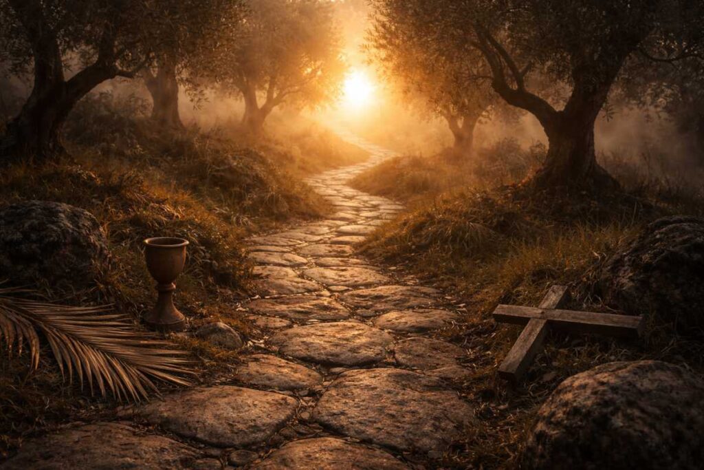 Sendero de piedra antiguo zigzagueando a través de un olivar al amanecer con símbolos de la Semana Santa leading towards light.