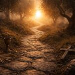 Sendero de piedra antiguo zigzagueando a través de un olivar al amanecer con símbolos de la Semana Santa leading towards light.