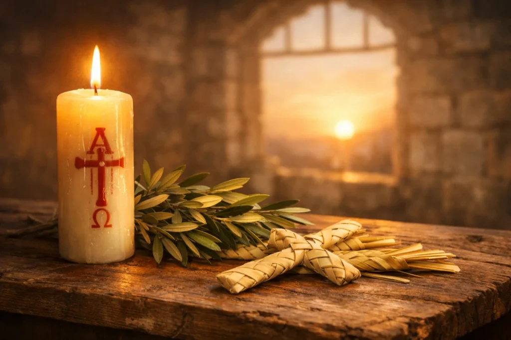 Cirio encendido junto a ramas de olivo y palmas, representando los días sagrados y el significado de la Semana Santa.