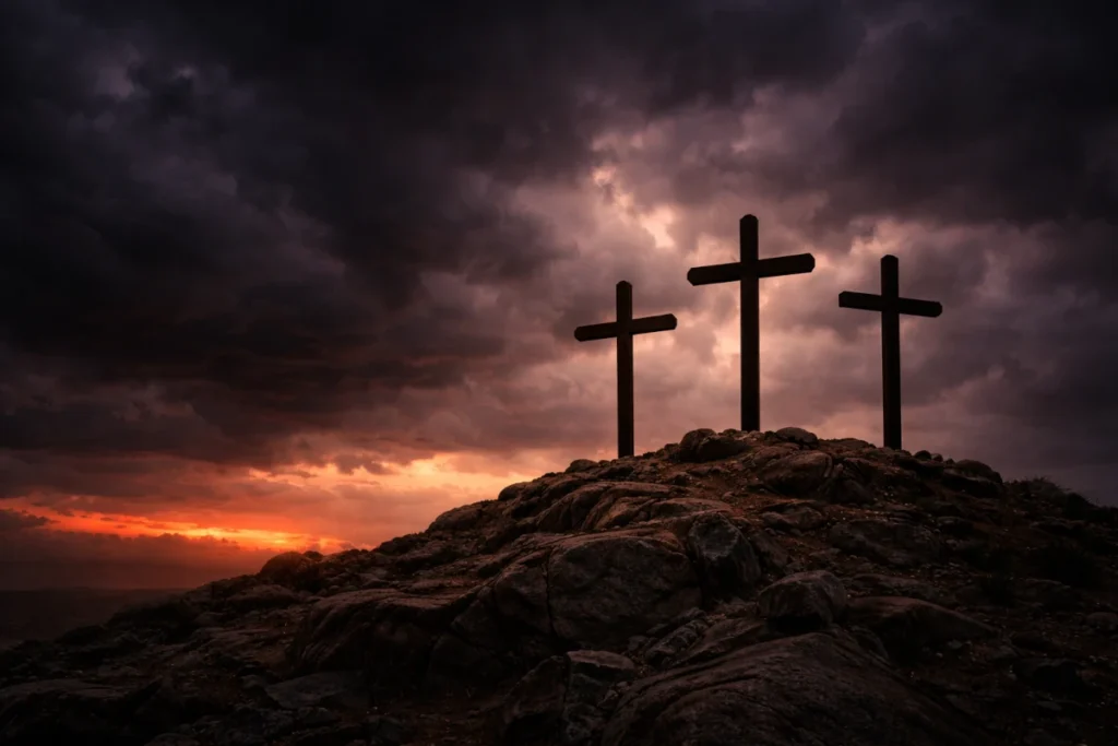 Silueta de tres cruces en el monte Gólgota bajo un cielo dramático al atardecer, conmemorando la Pasión del Viernes Santo.