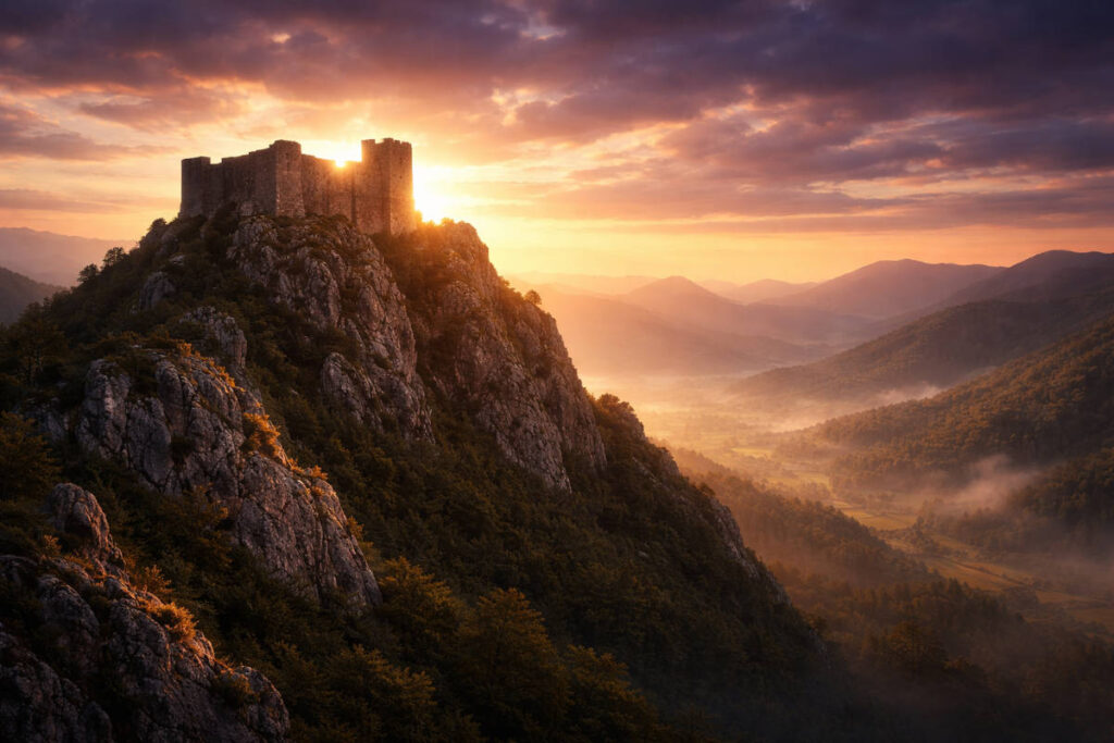 Ruinas del castillo de Montségur al atardecer, último refugio de los cátaros en el sur de Francia.