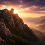 Ruinas del castillo de Montségur al atardecer, último refugio de los cátaros en el sur de Francia.