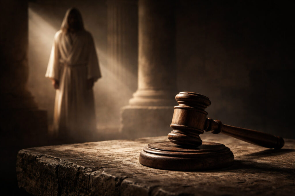 Mazo de justicia antiguo en una mesa de piedra, simbolizando el análisis legal del juicio de Jesús.