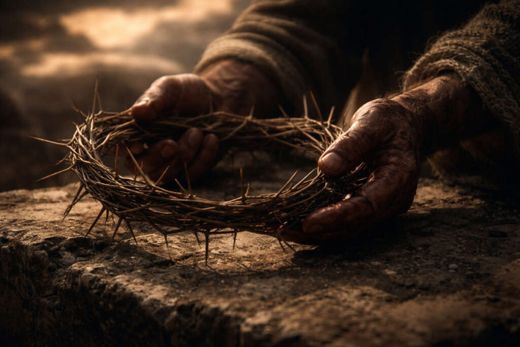 Corona de espinas sobre piedra antigua bajo una luz dramática, simbolizando la Pasión de Cristo.